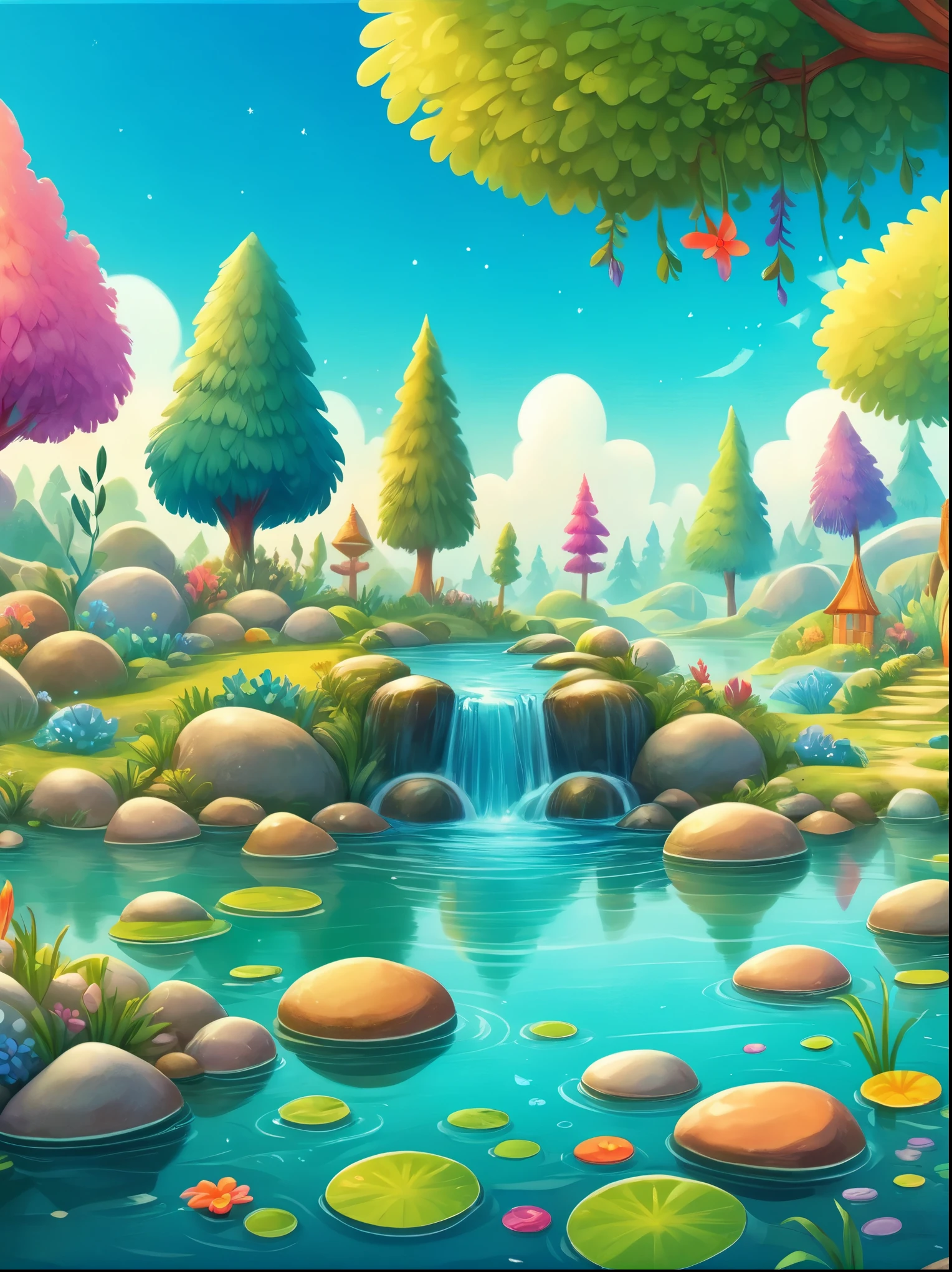 Cartoon scene with rocks in pond, Storybook illustrations inspired by Alison Kinnard, Shutterstock Contest Winners, fantasy art, background artwork, High quality wallpaper, A beautiful artistic illustration, 4 k High quality wallpaper illustration, Colorful illustrations for children's books, beautiful wallpaper, amazing background, Colorful HD pictures, Beautiful art ultra hd 4k
