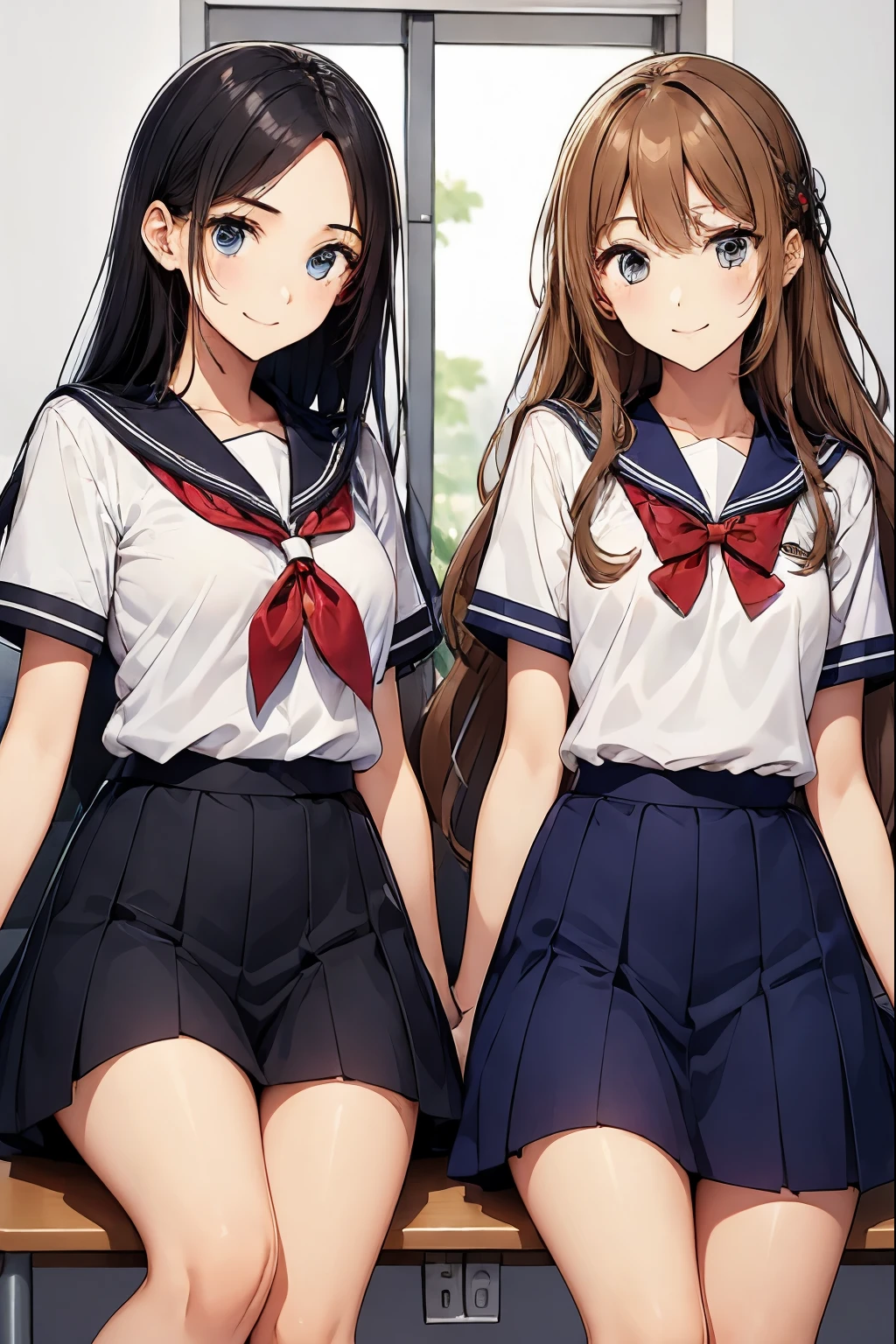 Two high school girls sitting in a classroom、seductive smile、