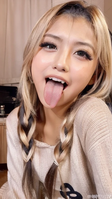 Japanese woman, beautiful girl, gal, blonde, baby face, highest quality realistic skin, eyes in focus, 20 years old, sticking out tongue, focus on mouth, open mouth, long tongue, saliva, open mouth wide, inside of mouth visible, open mouth and sticking out tongue 