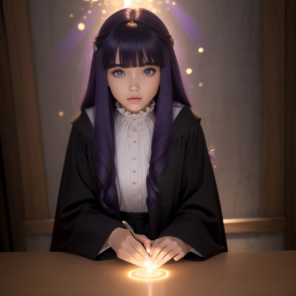  full body, dynamic pose, 1 girl,alone,purple hair,long hair,purple eyes,dull bangs,side lock,half up hair,bright pupils, hair ornaments,Ruffled collar,black robe,white dress,center ruffle,button,wide sleeve,long sleeve,crooked,cowboy shot, looking at the viewer, and highest quality,((highest quality)),((table top)),((perfect face)),get used to it５two-fingered hand,1 girl,(background blur), ((holographic)),1 girl,milky way, (stripes of light), impressive visuals, (dynamic streak, path of light:1.2), bright colors,