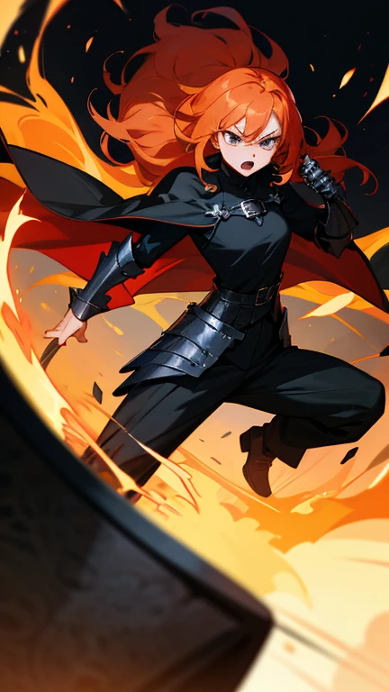 anime - style illustration of a woman in a black outfit with a cape, girl, long hair, ginger hair, black trousers, black shoes, black shirt, long sleeves, black armor, cape, dark, anger, flaming locks