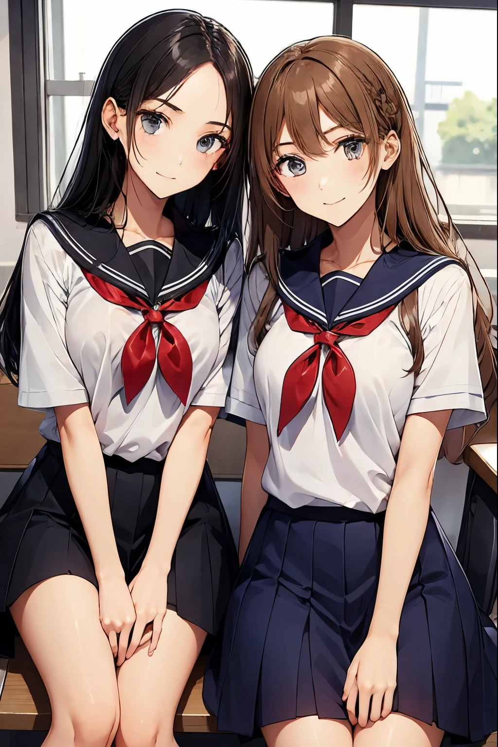 Two high school girls sitting in a classroom、seductive smile、