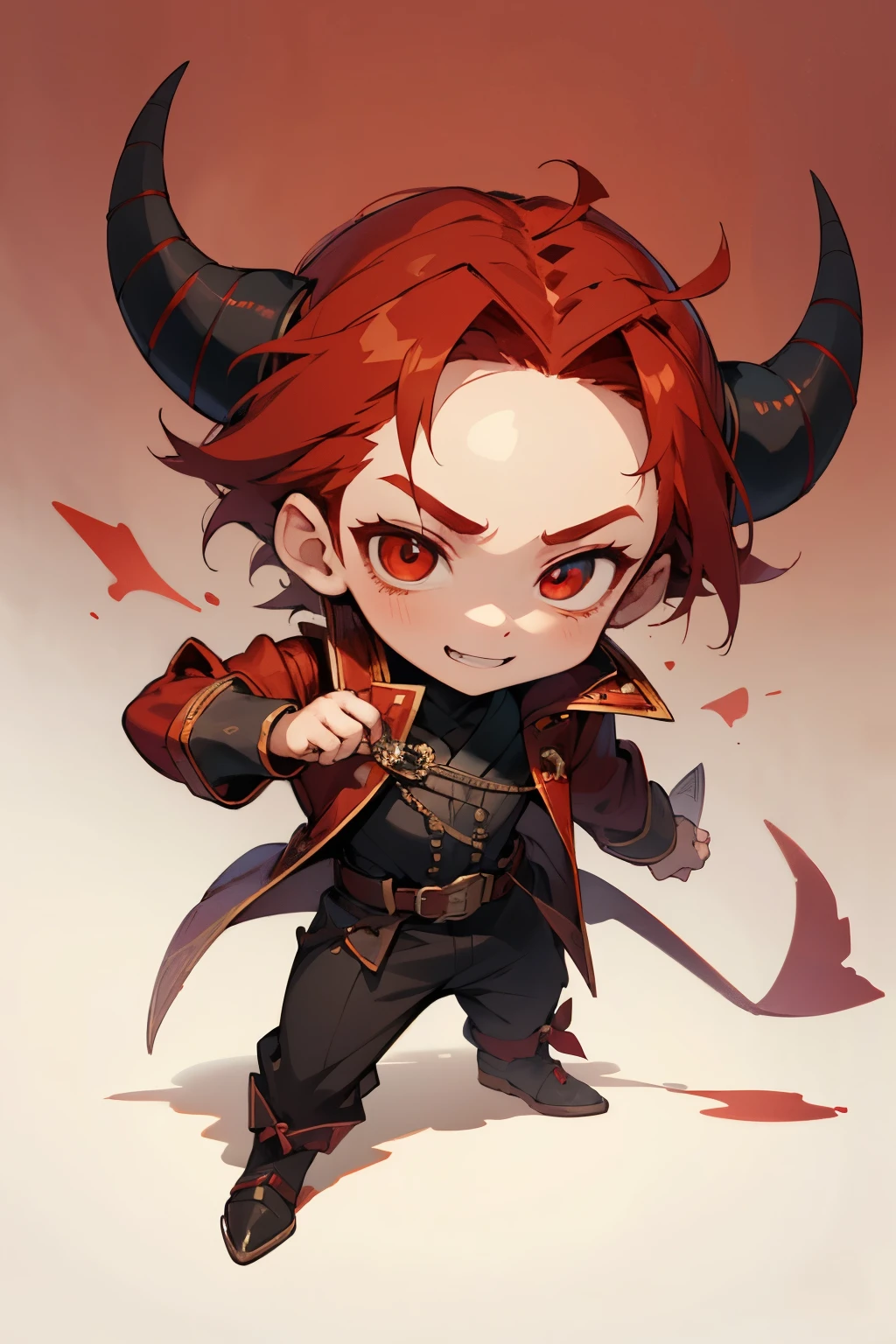 boy, swordman, full body, standing, cartoon style, chibi style, cute, smile, Demon horns from the forehead, beautiful face, red color eye, beautiful eye, high detailed pupil, double eyeylid, high detailed skin, high quality skin, red color hair, black clothes, masterpiece,