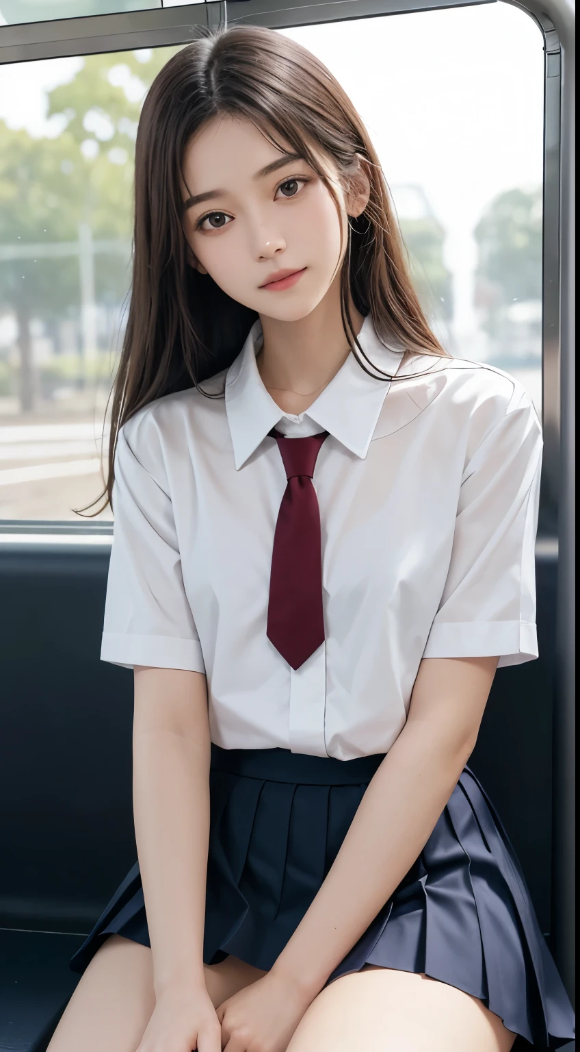 (table top, highest quality:1.2), 8K, 18-year-old, 85mm, official art, Raw photo, absurd, white dress shirt, cute face, close, Upper body, violaces, gardenia, beautiful girl, oversized school sweater, (navy pleated skirt:1.1), Cinch West, thighs thighs thighs, short sleeve, on the train, sit on a bench seat, looking at the viewer, no makeup, (smile:0.4), film grain, chromatic aberration, sharp focus, face light, clear lighting, teen, detailed face, background bokeh, (dark red tie:1.1)、Huge