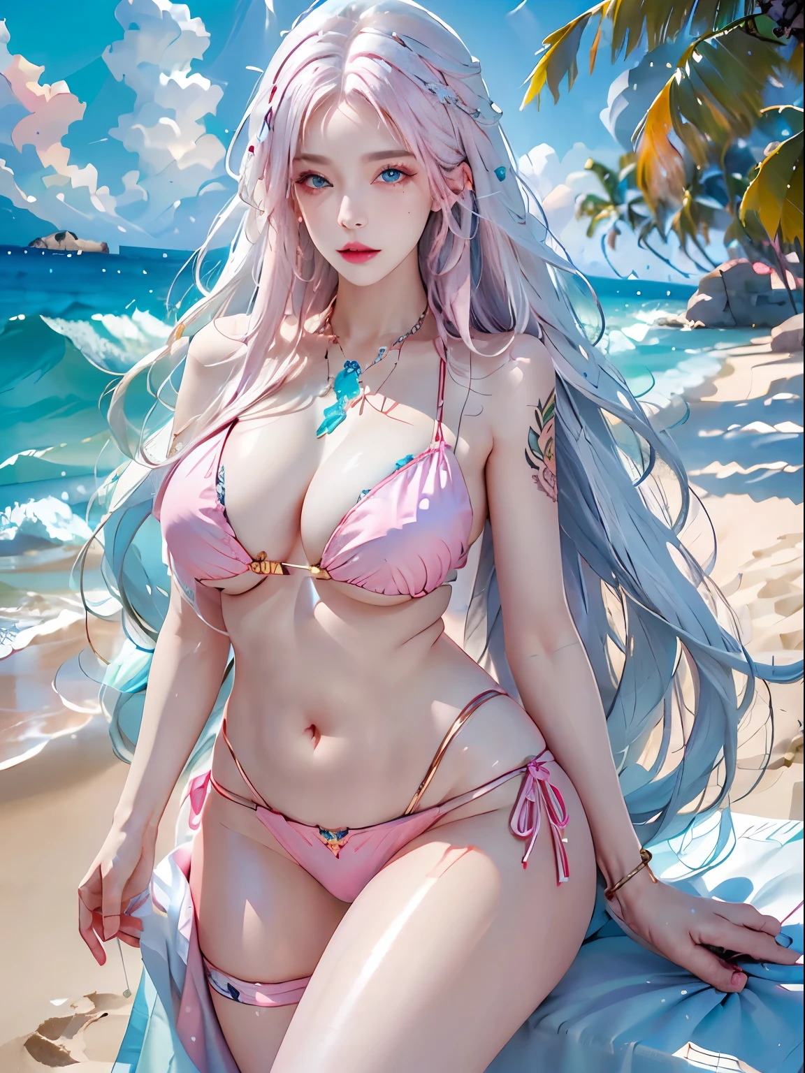 photorealistic, high resolution, 1women, shining skin, solo, tattoo, jewelry, pink lip, long hair, white hair, blue eye, closed mouth, hips up, bikini, beach