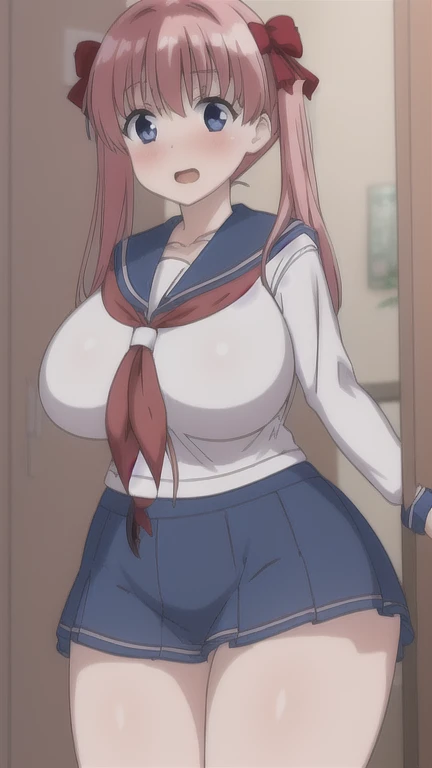 personally delivered_haramura, 1 girl, alone,(better quality, masterpiece), (chubby body), emphasize the thighs, Big breasts, put your hand on your chest