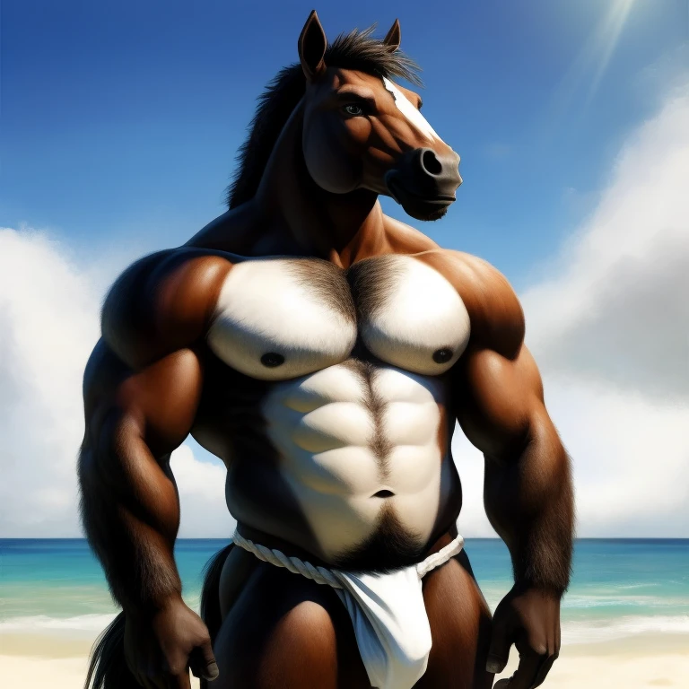 Furry, Antro, Horse Black, Fundoshi bulto, Fundoshi White, Solo, Bulto Male, Detallado, cuerpo completo, cuerpo peludo, beach