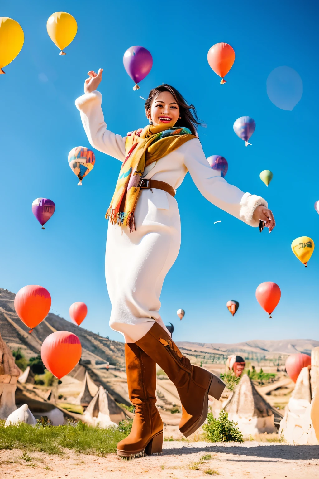A beautiful 26 year old Indonesian woman wearing a white coat, scarf and high boots poses elegantly with several giant colorful balloons in the sky of Cappadocia, Turkey.