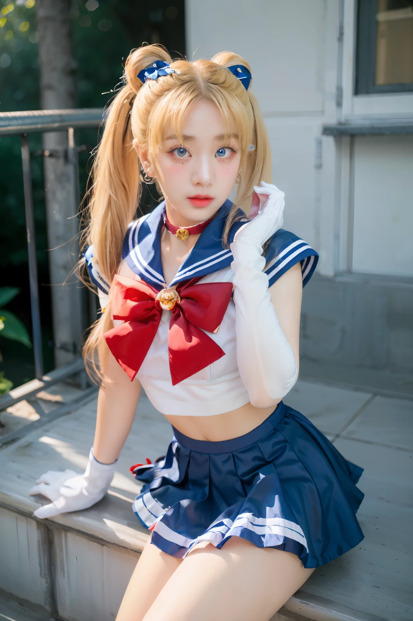 masterpiece, best quality, sailor moon,1girl, long hair,jewelry, sailor senshi uniform, blue sailor collar,blonde hair, red choker,white gloves, twintails, red bow, blue skirt, blue eyes, hair bun,
