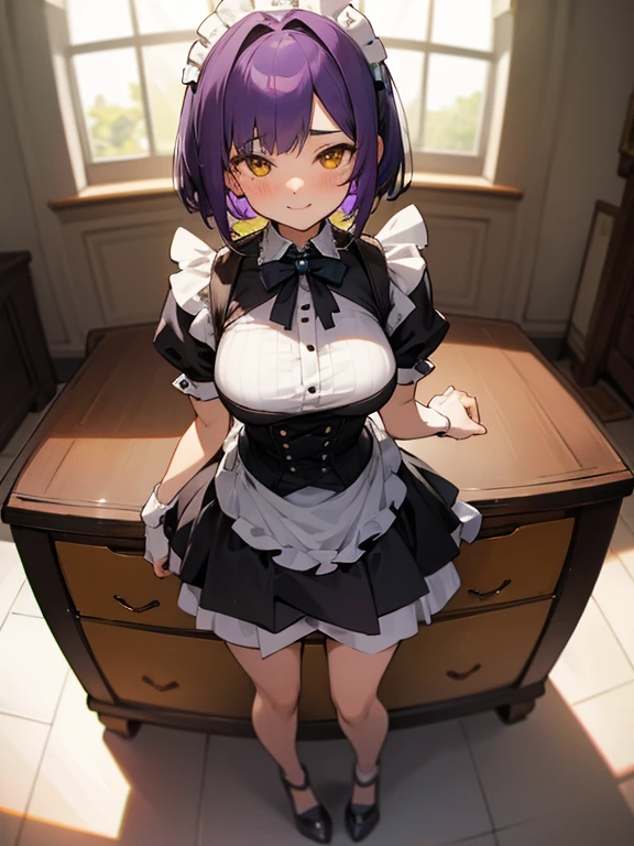 full body, 1 girl, purple hair, short hair, yellow eyes, medium breasts, living room, modern villa, detailed background, highres, highly detailed face, Detailed eyes, shy expression, blush, good proportions, looking forward, happy smile, homey, girlfriend, gothic maid outfit, black and white outfit