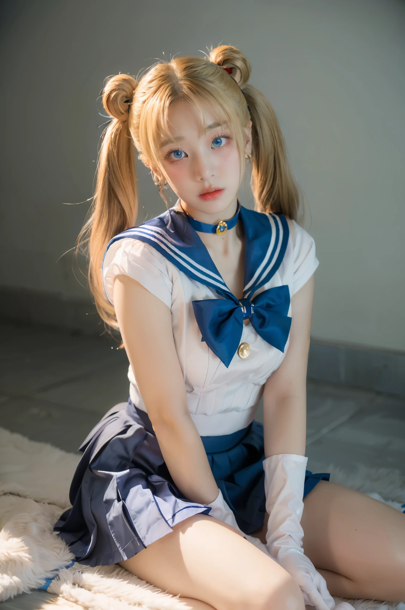 masterpiece, best quality, sailor moon,1girl, long hair,jewelry, sailor senshi uniform, blue sailor collar,blonde hair, red choker,white gloves, twintails, red bow, blue skirt, blue eyes, hair bun,