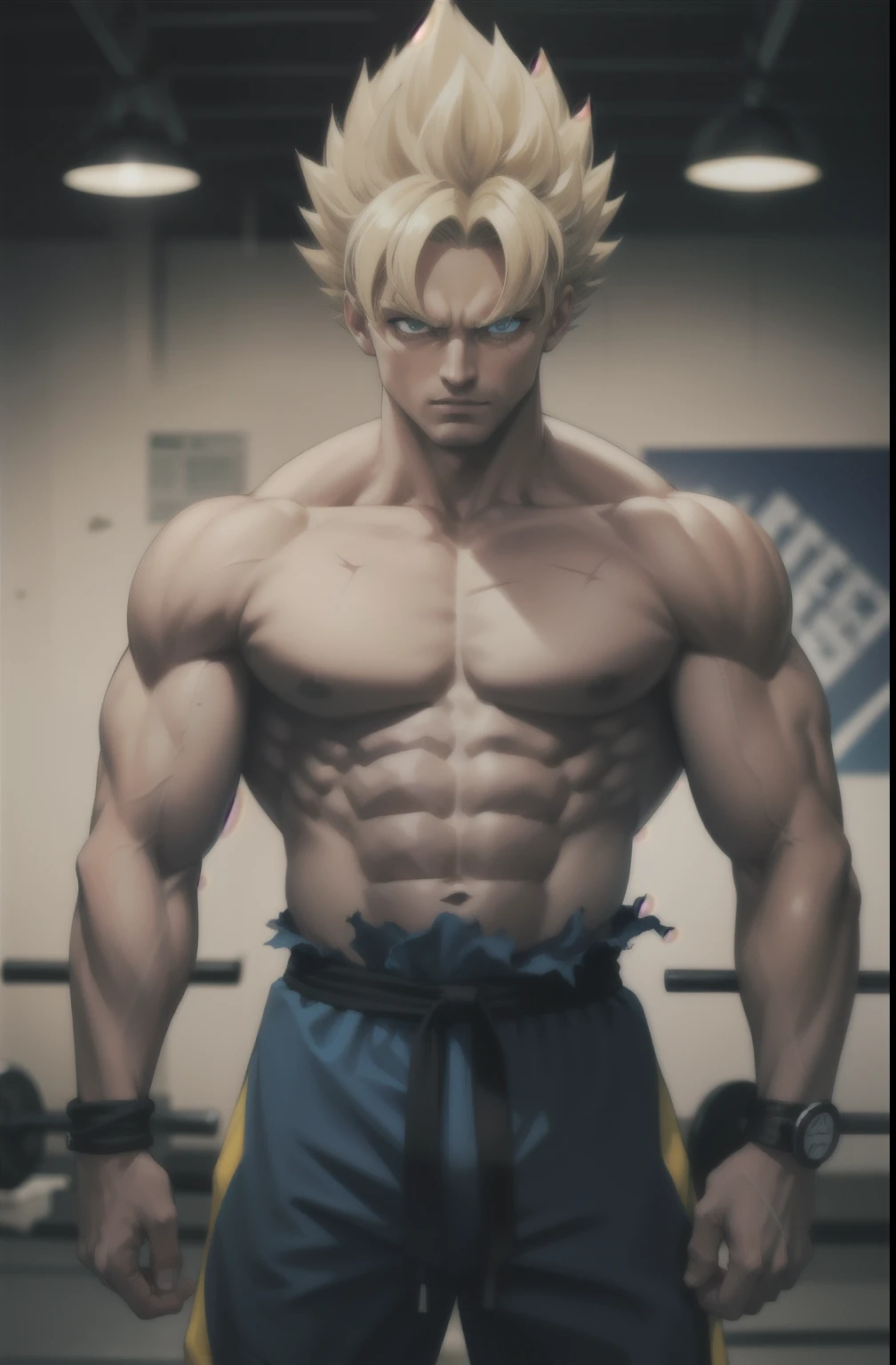 (chef-d'artwork, best quality), intricate details, 8K, ArtStation, fond d'screen, art officiel, splashing art, tempête en arrière-plan, sharpness, 1boy, (photorealistic:1.2) (Bokeh) (best quality) (Detailed skin:1.3) (intricate details) (8K) (detailed eyes) (sharpness) son Goku, angry, battle damage, cheveux blond, blue ceinture, clenched dents, furieux, yeux verts, foyer masculin, muscle, muscle male, pectoraux, ceinture, seulement, spiky hair, super saiyan, Super Saiyan 1, dents, Adidas ðébardeur, torn clothes, bracelet,faisant de la musculation dans un gym, soulevant des halteres, fitness style, gym background