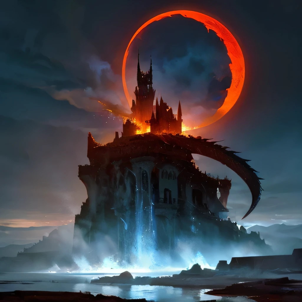 (best quality,4k,8k,highres,masterpiece:1.2),(realistic,photorealistic,photo-realistic:1.37),colossal white dragon,monstrous,against a knight,dark souls style,Elden ring,Bloodborne,detailed knight armor,battlefield with fire and destruction,dramatic lighting,dark and gloomy atmosphere,fierce expression on the knight's face,dragon scales glistening in the light,highly detailed dragon wings,towering ancient castle in the background,smoke and ashes swirling in the air,impressive sword in the knight's hand,magical spells surrounding the dragon and knight,haunting sound of roars and screams,powerful and intense energy surrounding the scene,majestic and dangerous presence of the white dragon,ethereal and mystical scenery with floating islands,heavy fog adding to the mysterious ambiance,blood-red moon casting an eerie glow on the battlefield,ominous clouds covering the sky,desolate and war-torn landscape,ferocious and savage demeanor of the white dragon,heavy rain pouring down,creating puddles and splashes,ancient ruins scattered across the battleground,glowing runes and symbols resonating with magic,emotions of fear,bravery,and determination filling the air,breathtaking and epic encounter between the knight and the dragon.