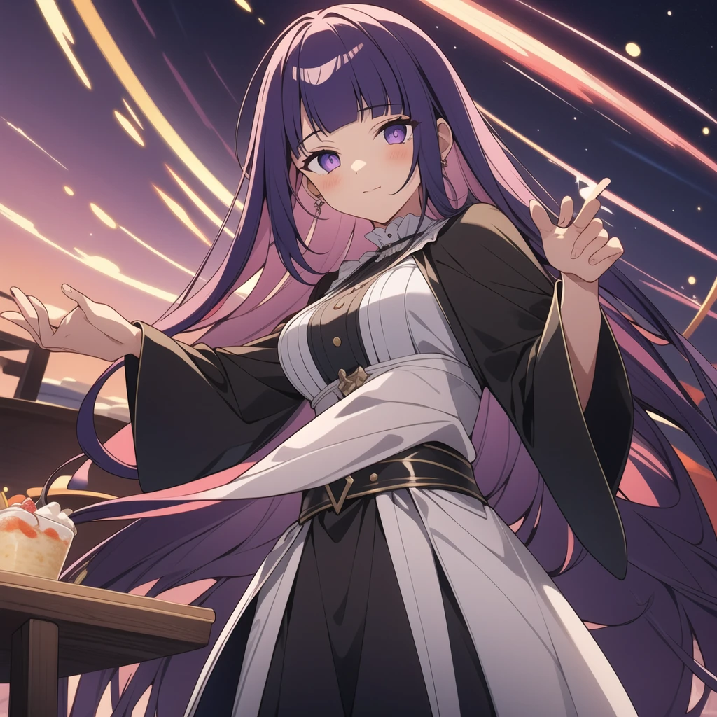 full body, dynamic pose, 1 girl,alone,purple hair,long hair,purple eyes,dull bangs,side lock,half up hair,bright pupils, hair ornaments,Ruffled collar,black robe,white dress,center ruffle,button,wide sleeve,long sleeve,crooked,cowboy shot, looking at the viewer, and highest quality,((highest quality)),((table top)),((perfect face)),get used to it5two-fingered hand,1 girl,(background blur), ((holographic)),1 girl,milky way, (stripes of light), impressive visuals, (dynamic streak, path of light:1.2), bright colors,