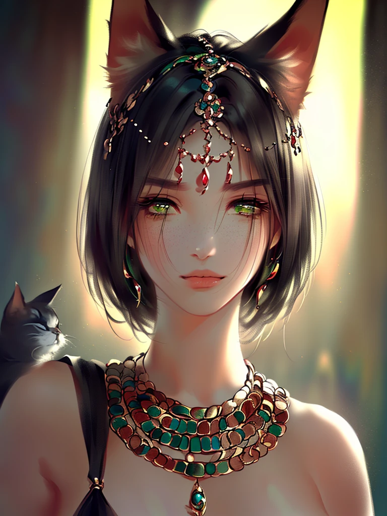very good illustration, High detail, dynamic angle, beautiful detailing,2D, (Best quality, masterpiece, Beauty, tenderness), anime, Highly detailed face, very detailed eyes, very detailed background, perfect lighting, whole body, 1 girl, One, (Very detailed cat ears), (Very detailed ears behind the hair)? Goddess Bastet, Ancient Egypt \(Очень подробный Ancient Egyptian\), Very detailed clothes, green eyes, Finely detailed eyes, ears covered with hair, (very detailed background)