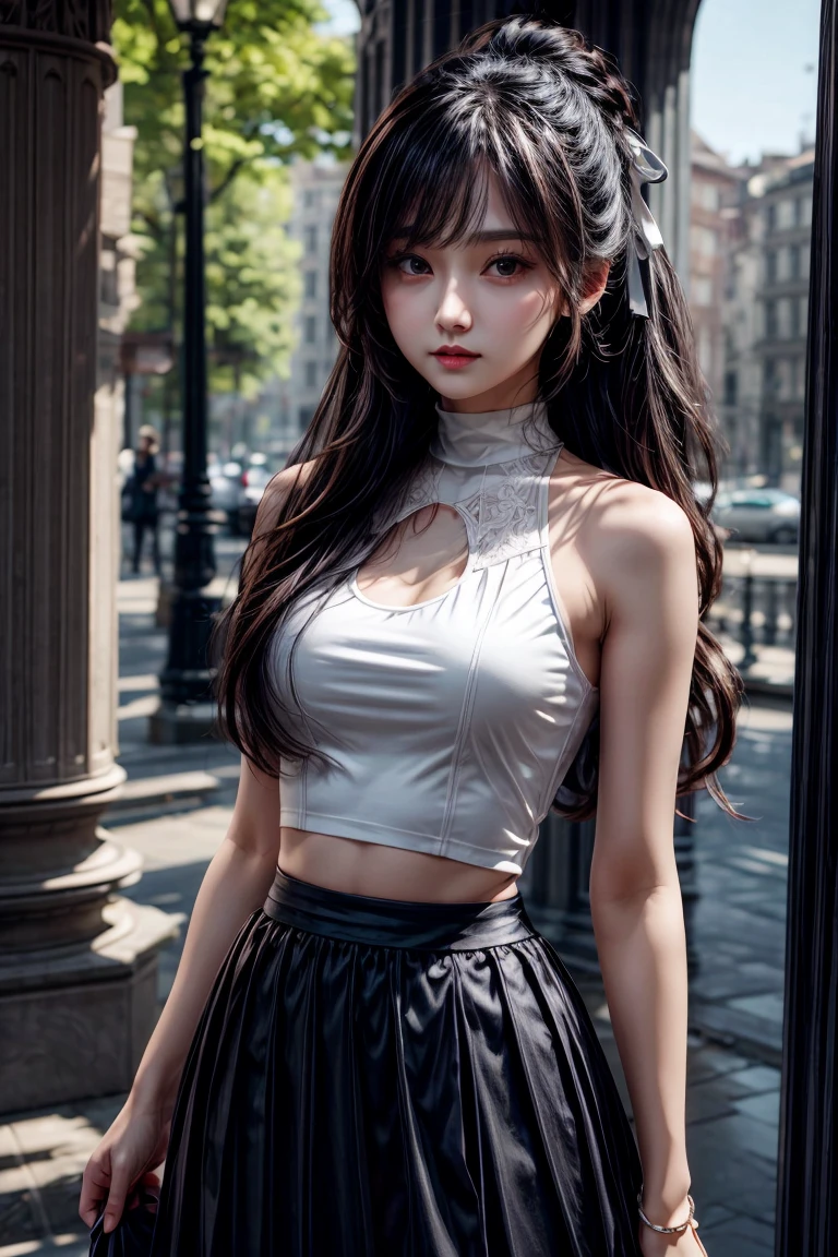 (Masterpiece, Best Quality, 1 Girl, Solo, Intricate Detail, Chromatic Aberration), (Reality), (Skin), 1 Girl Shizuku High Ponytail, ((Middle Breath)), (Brunet, Blunt Bangs), Detailed Hair, Red Heador, Blue Highlight, Hair More Than One Eye, Red Eye, Small Earrings, Sharp Eyes, Necklace, ((Black Crop Top Openwork)), (Symmetrical Eyes), (Perfectly Symmetrical Body), ((Natural Light))), Backlit, against gray walls, dim lighting, standing, (looking at the audience), ((Center shot, from the front, (face and waist) pronounced chest line Deep V realistic, high resolution, 1 girl, black wavy hair, small mole under the eyes, white shirt, black pleated skirt, pronounced chest line, long legs, tight abs, dynamic pose, catwalk Chest line Black pleated skirt Jacket revealing white bra Navel eyes High ponytail