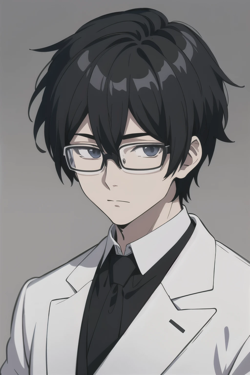 A boy with center-parted black hair and wearing a white coat,Anime art style,in a suit,anime style,8k,detailed digital anime art,(anime boy),wearing glasses