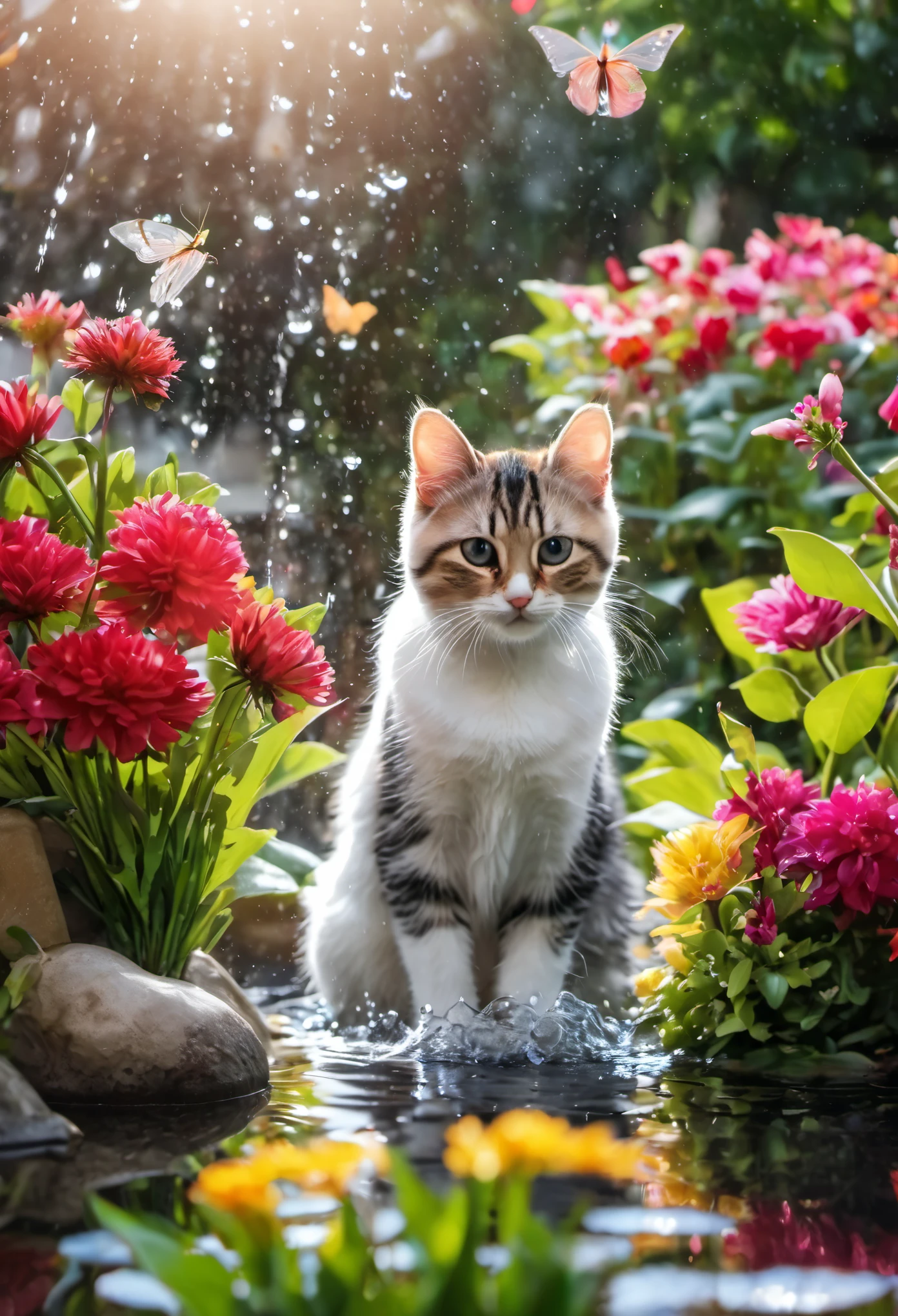 some adorable cats are playing water in the garden with amount flowers and trees in winter season