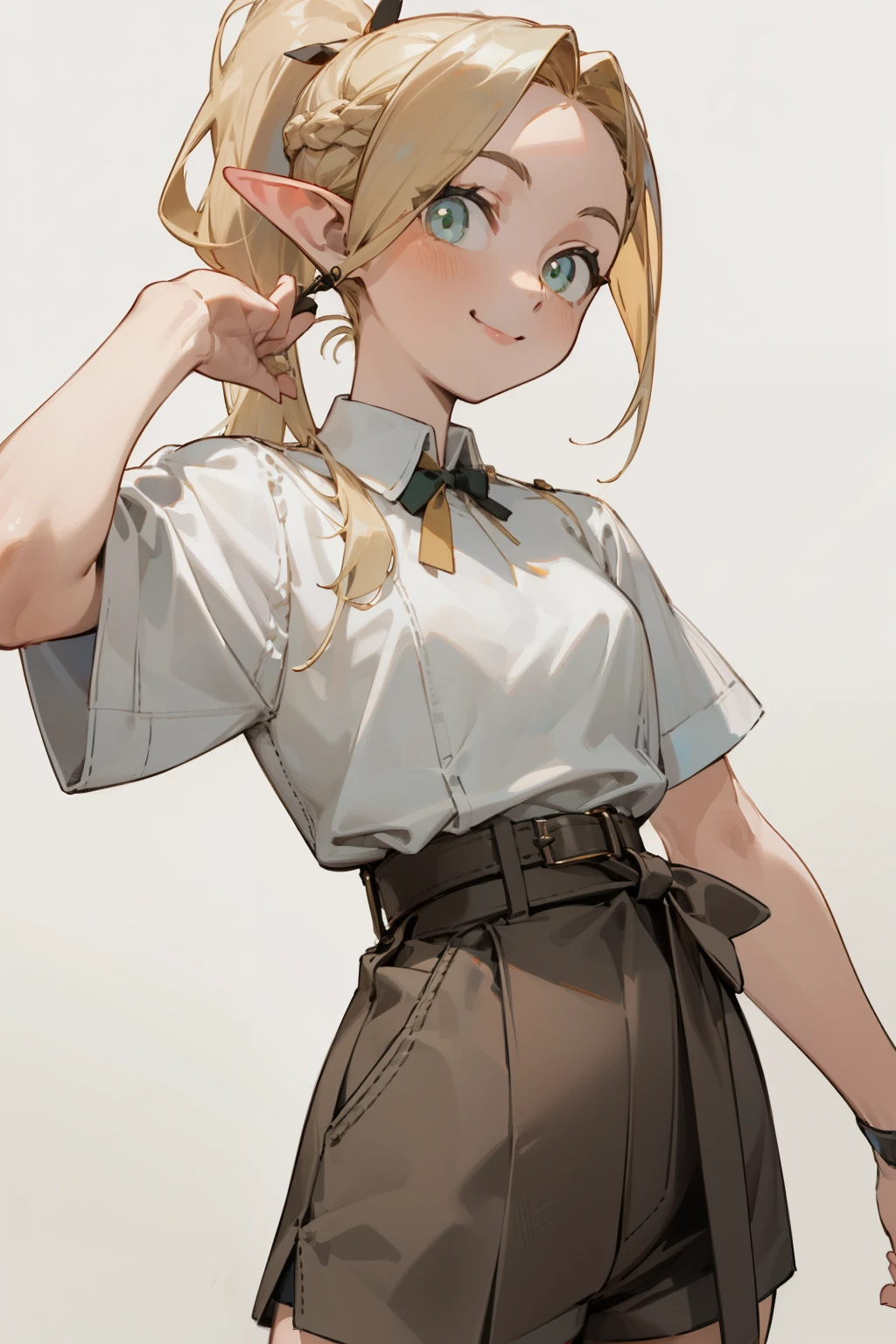 (masterpiece, best quality) detailed,silver accessories , Blonde ,elegant, pointed ears ,white shirt,shorts,double ponytail,Waist-length hair,Smile,