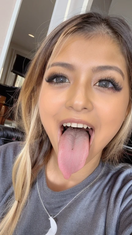 Japanese woman, beautiful girl, gal, blonde, baby face, highest quality realistic skin, eyes in focus, 20 years old, sticking out tongue, focus on mouth, open mouth, long tongue, saliva, open mouth wide, inside of mouth visible, open mouth and sticking out tongue 