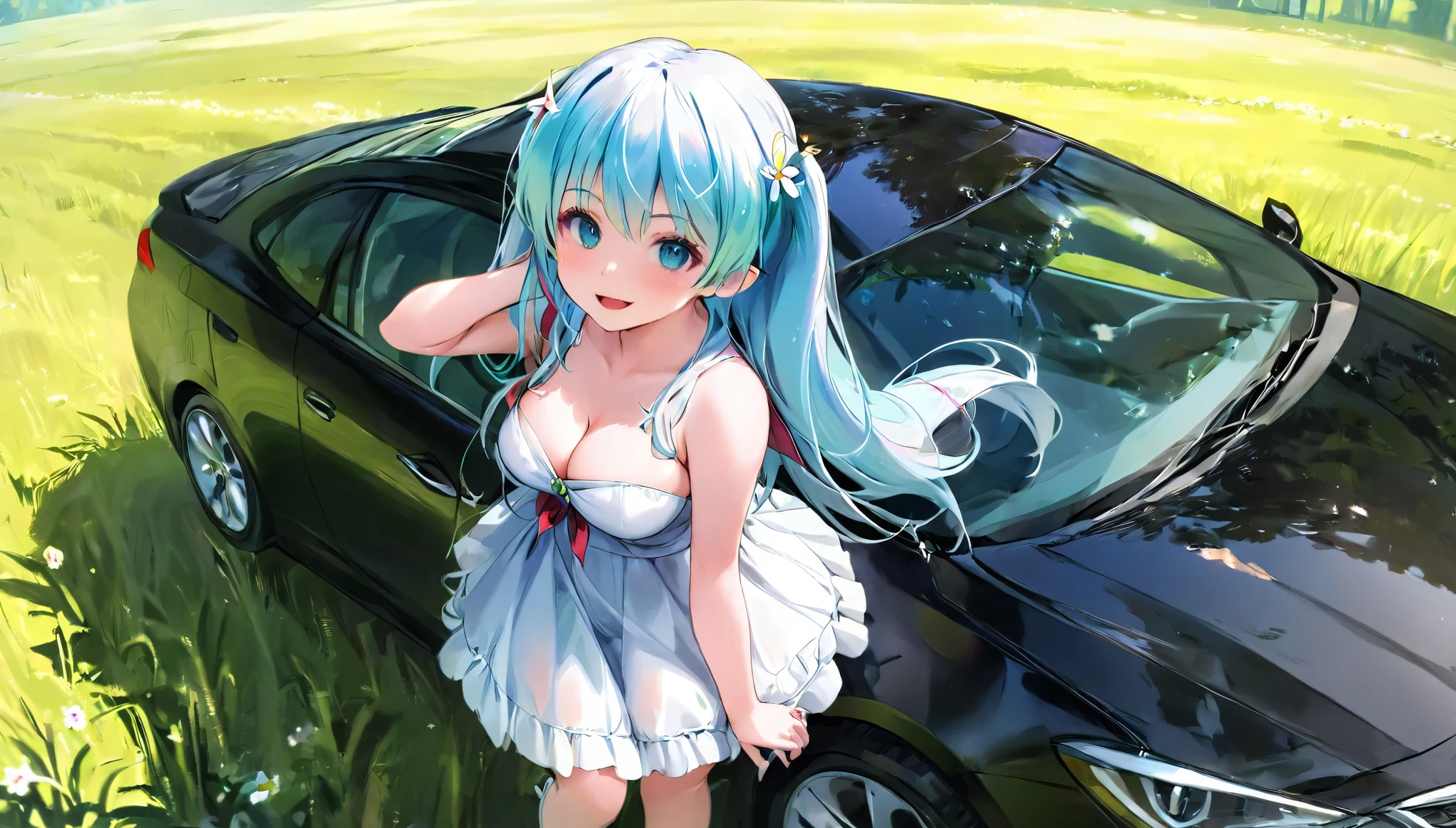  (masterpiece, best quality), 1 elven girl, ( bear breasts, thigh),  (light blue hair, twin tails ,very long hair is fluttering in the wind), hair between eyes, multi colored hair,hair flower ornament ,(blush, smile, aqua eyes), open mouth, elf dress,  white dress , strapless dress, (Open the front of the  dress chest very wide), large breasts, pointed ears, car ,black car , standing next to the car,  grassland