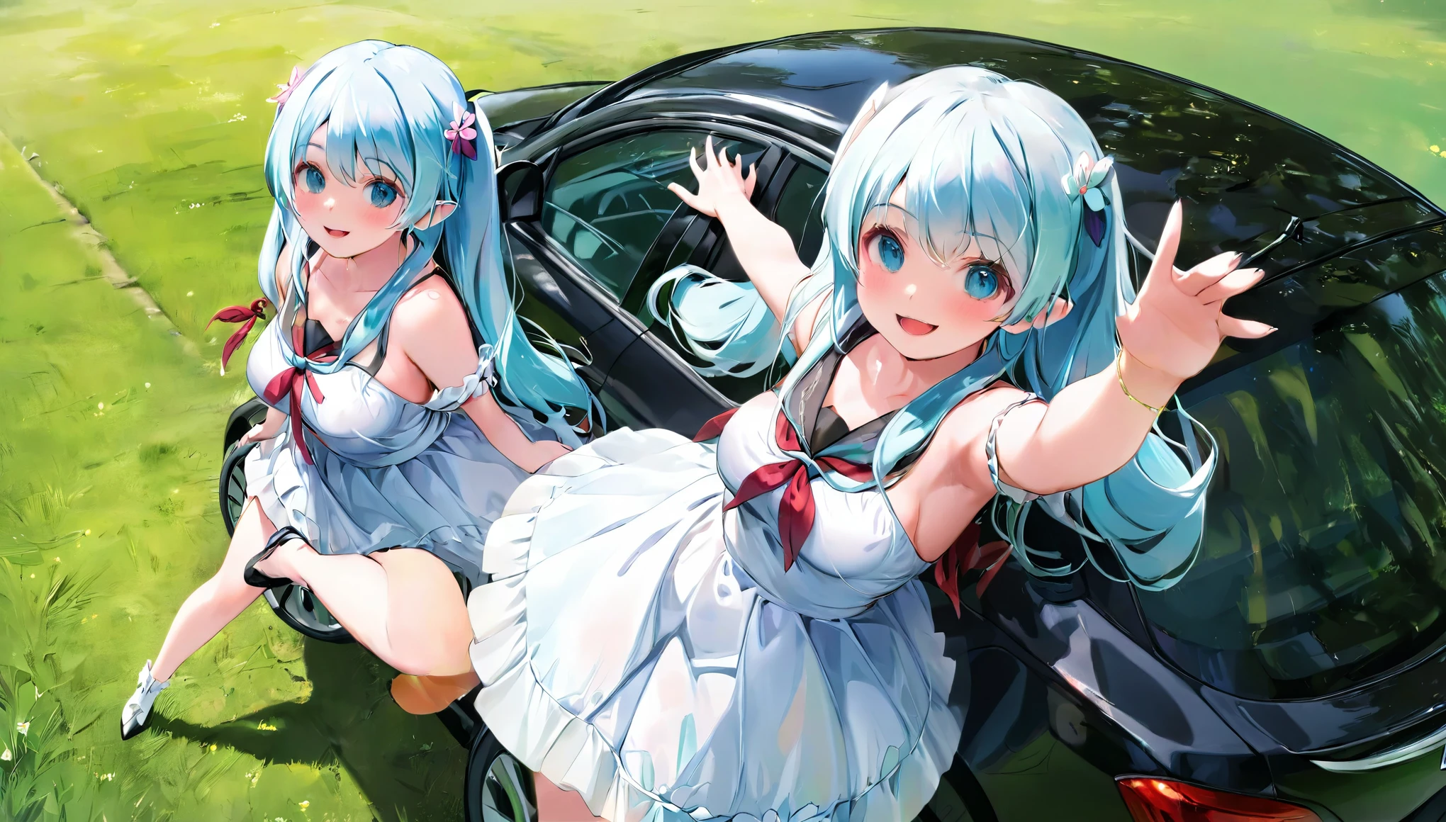  (masterpiece, best quality), 1 elven girl, ( bear breasts, thigh),  (light blue hair, twin tails ,very long hair is fluttering in the wind), hair between eyes, multi colored hair,hair flower ornament ,(blush, smile, aqua eyes), open mouth, elf dress,  white dress , strapless dress, (Open the front of the  dress chest very wide), large breasts, pointed ears, car ,black car , standing next to the car,  grassland