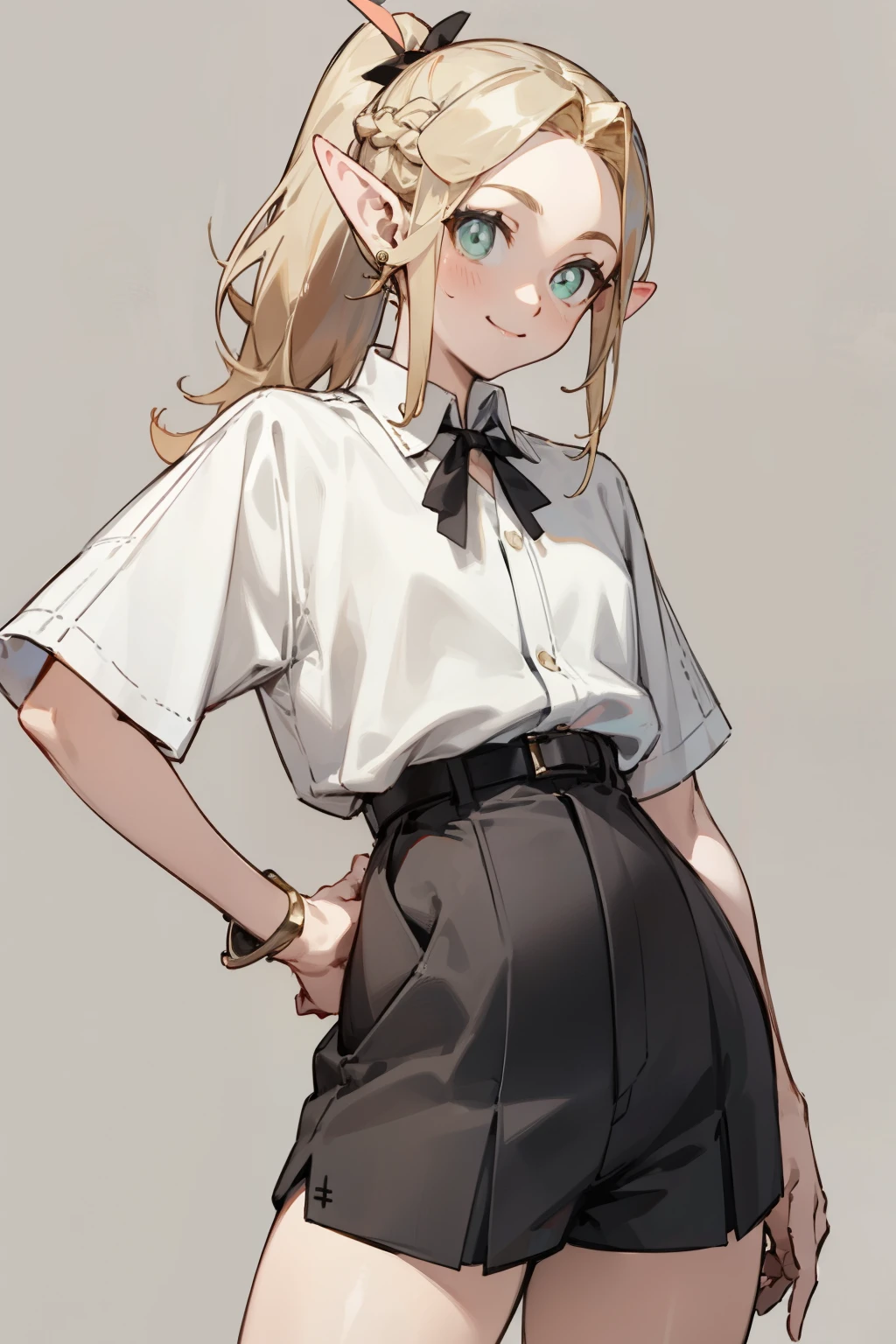 (masterpiece, best quality) detailed,silver accessories , Blonde ,elegant, pointed ears ,white shirt,shorts,double ponytail,Waist-length hair,Smile,