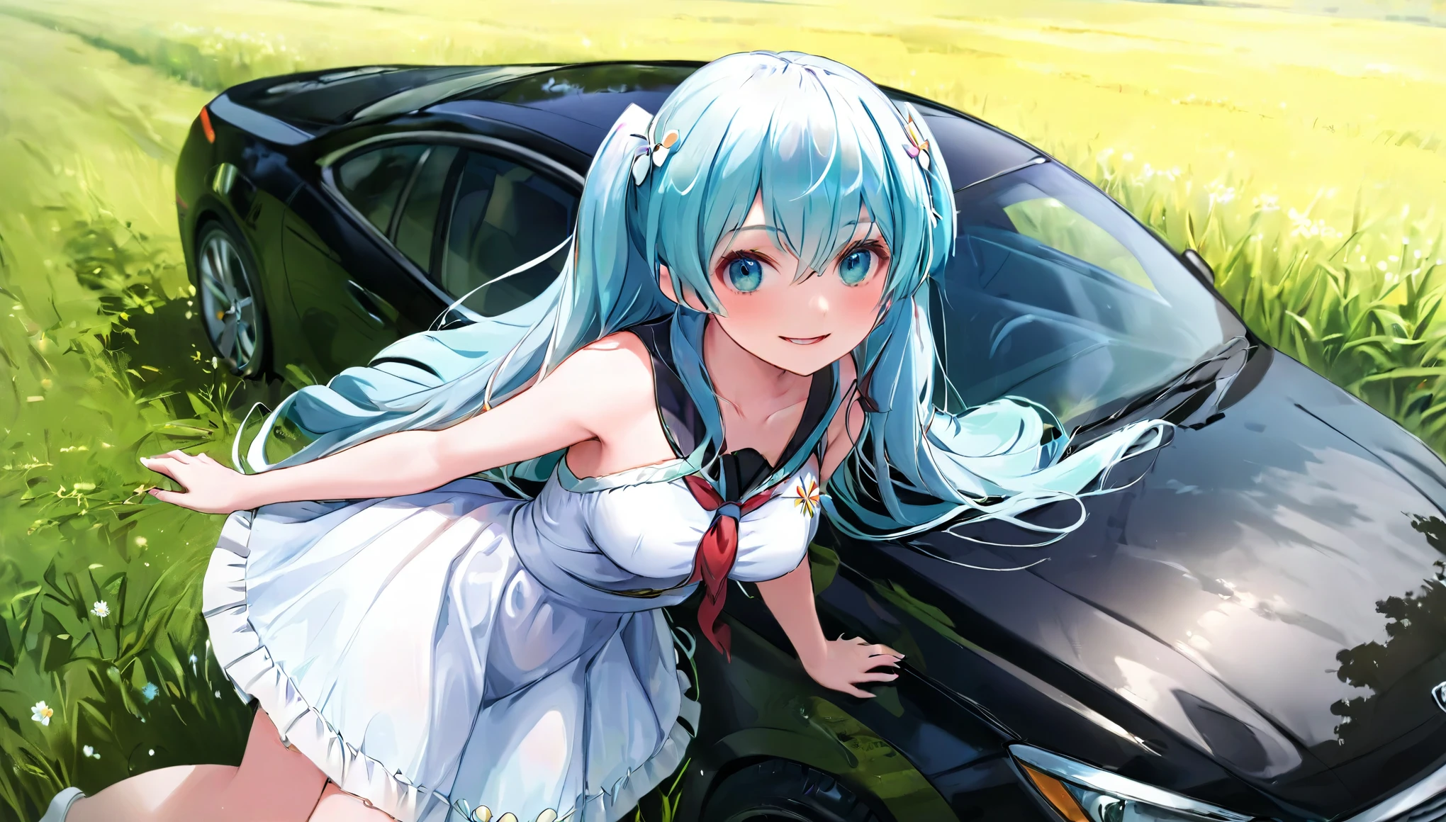  (masterpiece, best quality), 1 elven girl, ( bear breasts, thigh),  (light blue hair, twin tails ,very long hair is fluttering in the wind), hair between eyes, multi colored hair,hair flower ornament ,(blush, smile, aqua eyes), open mouth, elf dress,  white dress , strapless dress, (Open the front of the  dress chest very wide), large breasts, pointed ears, car ,black car , standing next to the car,  grassland