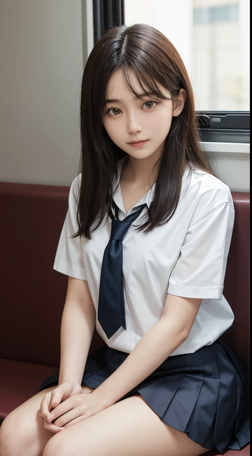 (table top, highest quality:1.2), 8K, 18-year-old, 85mm, official art, Raw photo, absurd, white dress shirt, cute face, close, Upper body, violaces, gardenia, beautiful girl, oversized school sweater, (navy pleated skirt:1.1), Cinch West, thighs thighs thighs, short sleeve, on the train, sit on a bench seat, looking at the viewer, no makeup, (smile:0.4), film grain, chromatic aberration, sharp focus, face light, clear lighting, teen, detailed face, background bokeh, (dark red tie:1.1)、Huge 