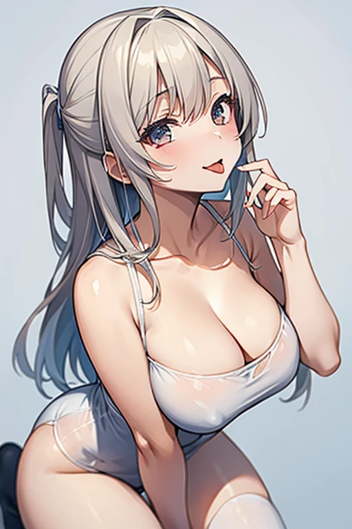 (Low Saturation:1.5),anime,1girl,pov,masterpiece,Awards, high quality,High resolution,HD,4K,8K,high quality,portrait,simple background,closeup upperbody,white clothes,Independently deformed breasts,shruged,viscous paint,(swiping breasts:1.3),oily skin,Slimy Cleavage,(Cleavage Bulge,deformed to flat breasts:1.4),(Medium breasts:1.2),Compressed chest,(Enhance breasts pose:1.3),sriped strap,perspective,perfect skin,smile,pale color tone,(grayscale:0.5),Putting my hand on my sai high socks,off,Obscene hand gestures,Sticking out tongue,Open your mouth,Intracavitary