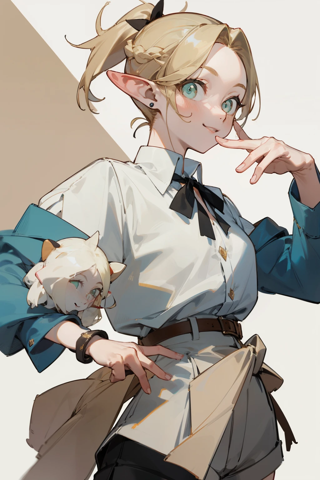 (masterpiece, best quality) detailed,silver accessories , Blonde ,elegant, pointed ears ，white shirt，shorts，double ponytail，Waist-length hair，Smile，
