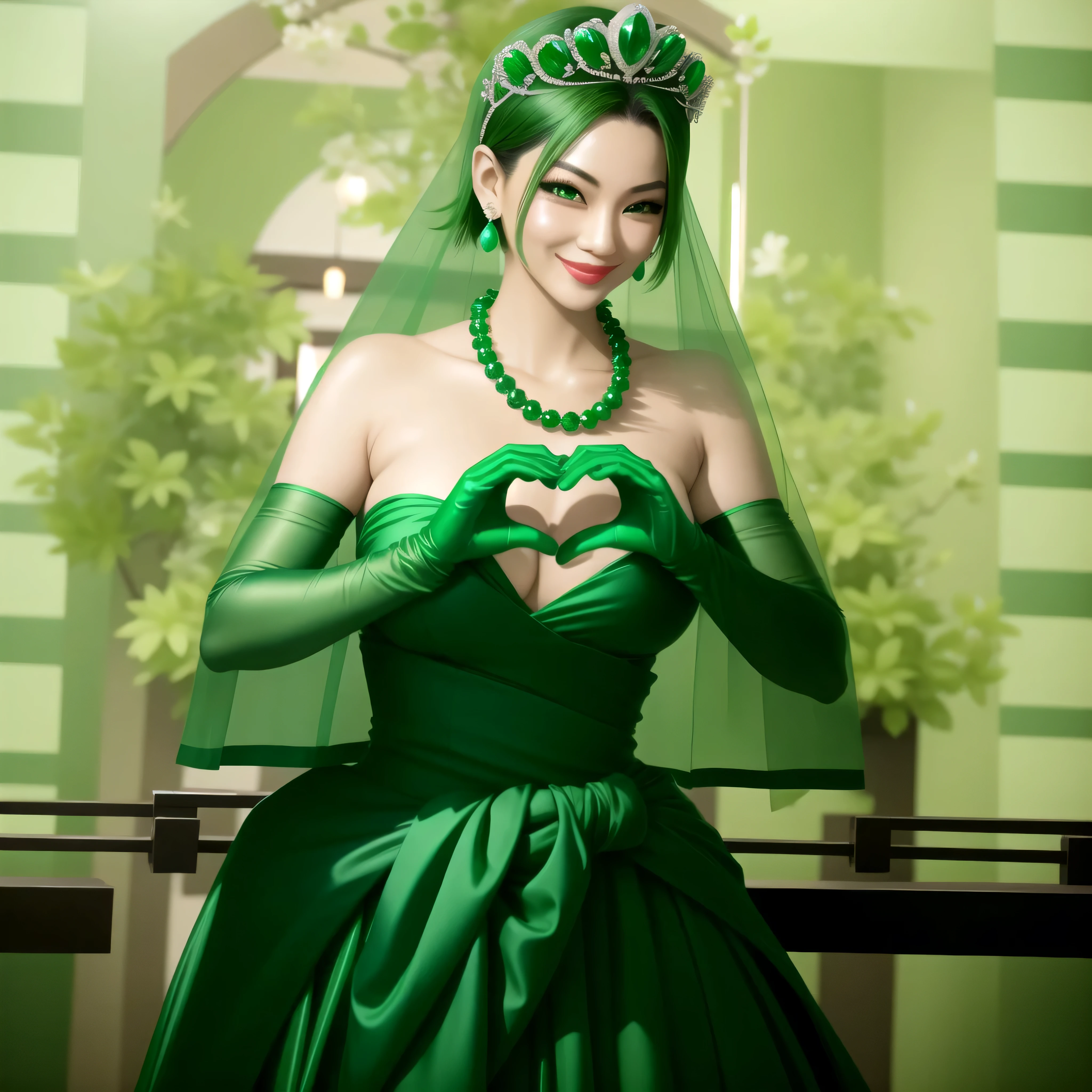 emerald tiara, green pearl necklace, boyish very short green hair, green lips, smiling Japanese woman, very short hair, Beautiful woman with big breasts, green eyes, Green satin gloves, green eyes, emerald earrings, green veil, Heart with both hands, green hair, beautiful japanese woman, heart shaped hands:1.3, green lip gloss