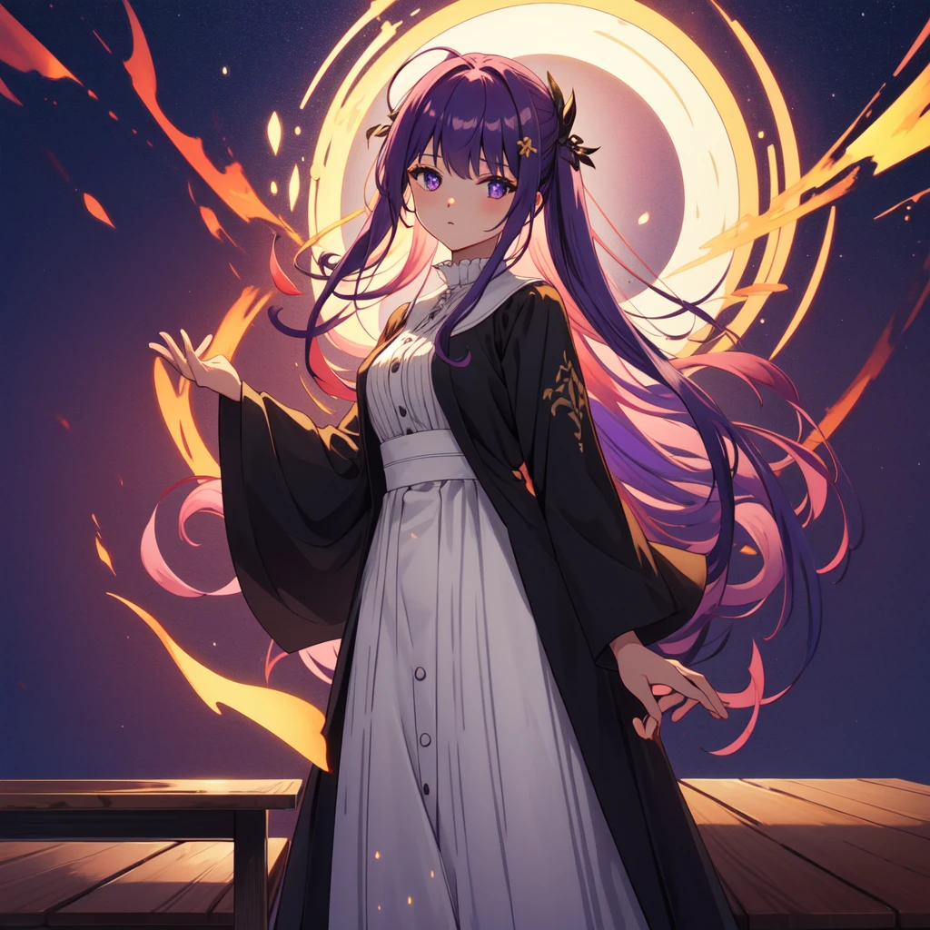 full body, dynamic pose, 1 girl,alone,purple hair,long hair,purple eyes,dull bangs,side lock,half up hair,bright pupils, hair ornaments,Ruffled collar,black robe,white dress,center ruffle,button,wide sleeve,long sleeve,crooked,cowboy shot, looking at the viewer, and highest quality,((highest quality)),((table top)),((perfect face)),get used to it5two-fingered hand,1 girl,(background blur), ((holographic)),1 girl,milky way, (stripes of light), impressive visuals, (dynamic streak, path of light:1.2), bright colors,