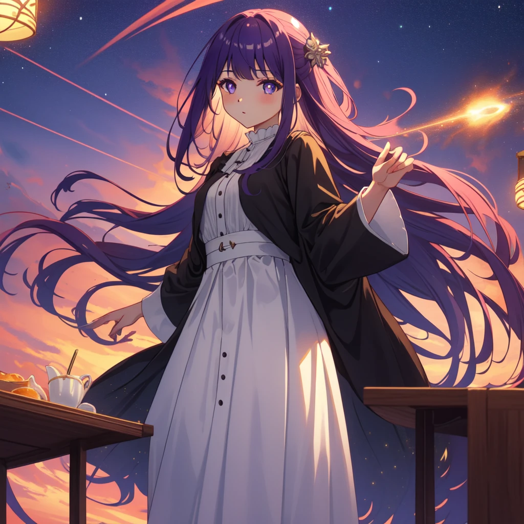 full body, dynamic pose, 1 girl,alone,purple hair,long hair,purple eyes,dull bangs,side lock,half up hair,bright pupils, hair ornaments,Ruffled collar,black robe,white dress,center ruffle,button,wide sleeve,long sleeve,crooked,cowboy shot, looking at the viewer, and highest quality,((highest quality)),((table top)),((perfect face)),get used to it５two-fingered hand,1 girl,(background blur), ((holographic)),1 girl,milky way, (stripes of light), impressive visuals, (dynamic streak, path of light:1.2), bright colors,