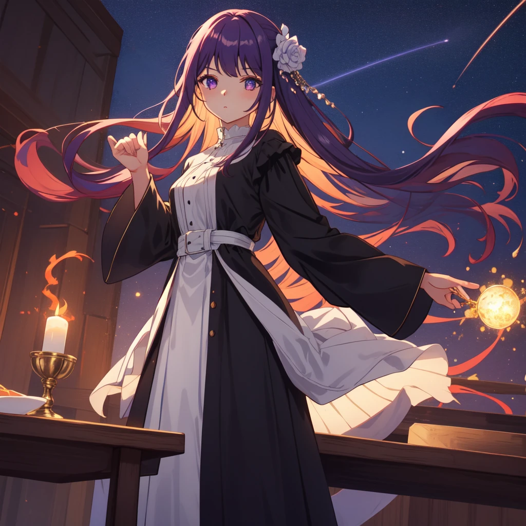 full body, dynamic pose, 1 girl,alone,purple hair,long hair,purple eyes,dull bangs,side lock,half up hair,bright pupils, hair ornaments,Ruffled collar,black robe,white dress,center ruffle,button,wide sleeve,long sleeve,crooked,cowboy shot, looking at the viewer, and highest quality,((highest quality)),((table top)),((perfect face)),get used to it5two-fingered hand,1 girl,(background blur), ((holographic)),1 girl,milky way, (stripes of light), impressive visuals, (dynamic streak, path of light:1.2), bright colors,