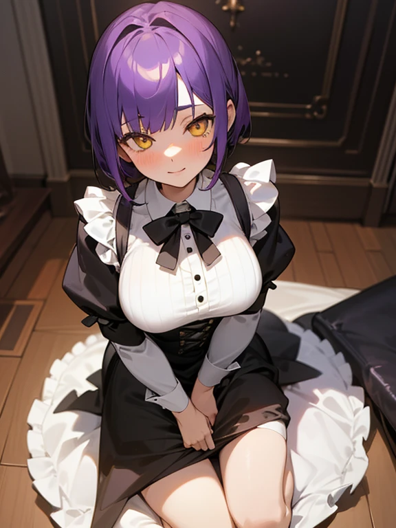 full body, 1 girl, purple hair, short hair, yellow eyes, medium breasts, living room, modern villa, detailed background, highres, highly detailed face, Detailed eyes, shy expression, blush, good proportions, looking forward, happy smile, homey, girlfriend, gothic maid outfit, black and white outfit, upright, prim and proper