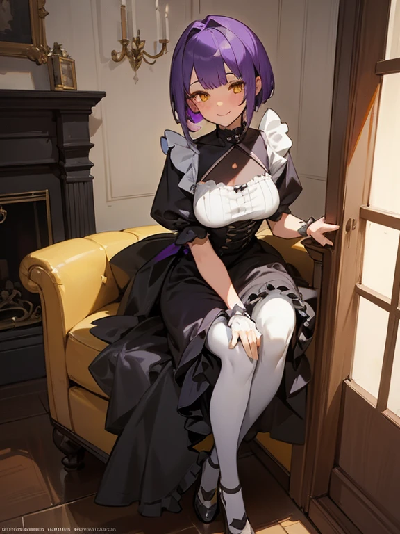 full body, 1 girl, purple hair, short hair, yellow eyes, medium breasts, living room, modern villa, detailed background, highres, highly detailed face, Detailed eyes, shy expression, blush, good proportions, looking forward, happy smile, homey, girlfriend, gothic maid outfit, black and white outfit, upright, prim and proper