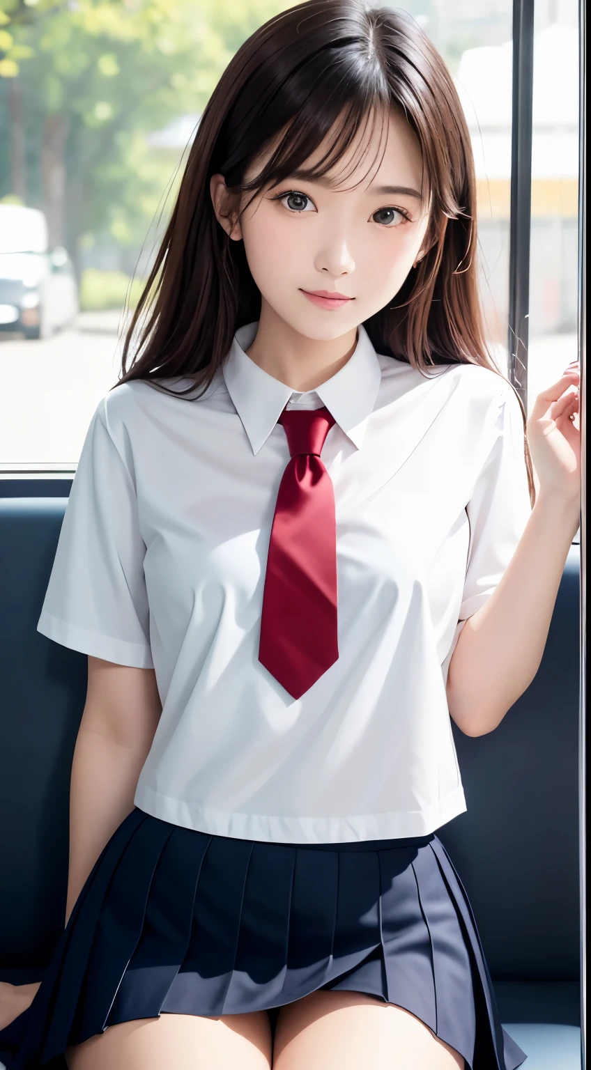(table top, highest quality:1.2), 8K, 18-year-old, 85mm, official art, Raw photo, absurd, white dress shirt, cute face, close, Upper body, violaces, gardenia, beautiful girl, oversized school sweater, (navy pleated skirt:1.1), Cinch West, thighs thighs thighs, short sleeve, on the train, sit on a bench seat, looking at the viewer, no makeup, (smile:0.4), film grain, chromatic aberration, sharp focus, face light, clear lighting, , detailed face, background bokeh, (dark red tie:1.1)、Huge