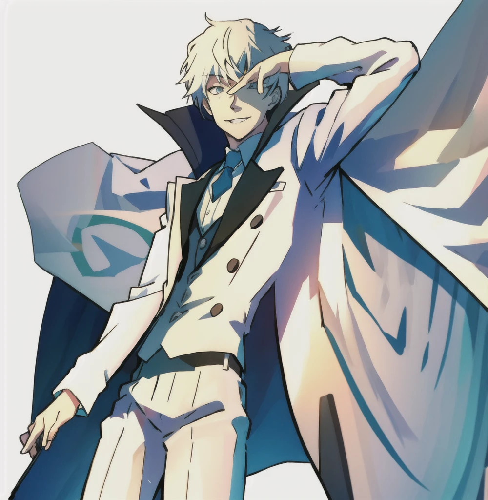 (Illustration, high resolution, best quality: 1.5, masterpiece, minimalist, whitebackground: 2, simplistic detail, anime), solo: 2, fit male, adult male, upper body, half body portrait, white suit, tie, front view: 2, evil smile, vox machina style, dsjoker, front view, salute,