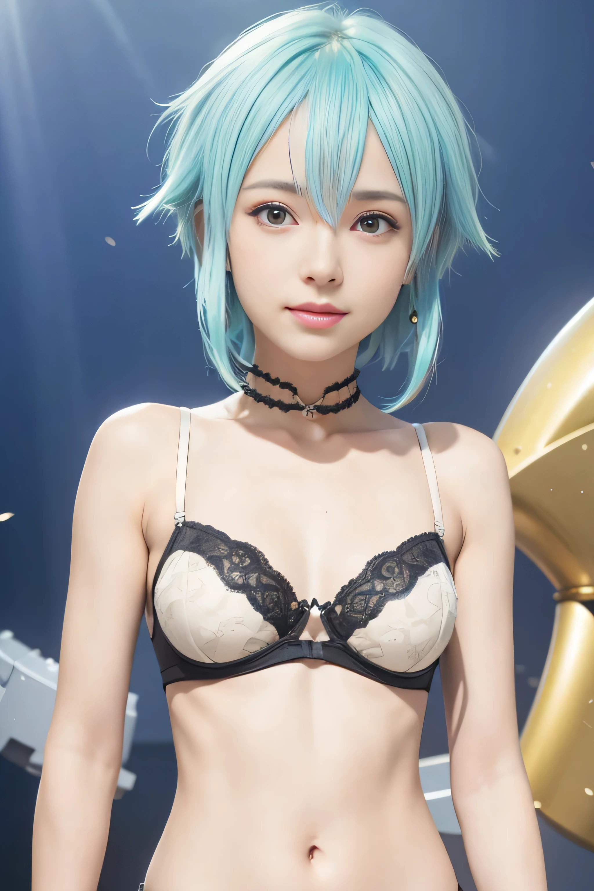 Realistic,masterpiece, best quality, (realistic,photo-realistic:1.4), (RAW photo:1.2),extremely detailed CG unity 8k wallpaper, delicate and beautiful, amazing,finely detail, official art, absurdres, incredibly absurdres, huge filesize, ultra-detailed,extremely detailed eyes and face, light on face,sinon,(little smile:1.2),(cyan hair:1.3),short hair,,(medium breast:1.3),(nature background:1.4),(hair ornament:1.4),(wearing underwear:1.4),camouflage,sidelocks,black belt,blue shirt,