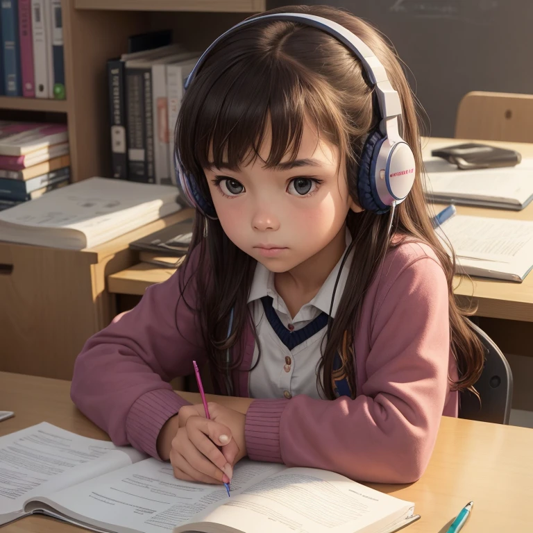 A middle school girl, sitting at her desk, wearing headphones and doing her homework with a pencil in her right hand.