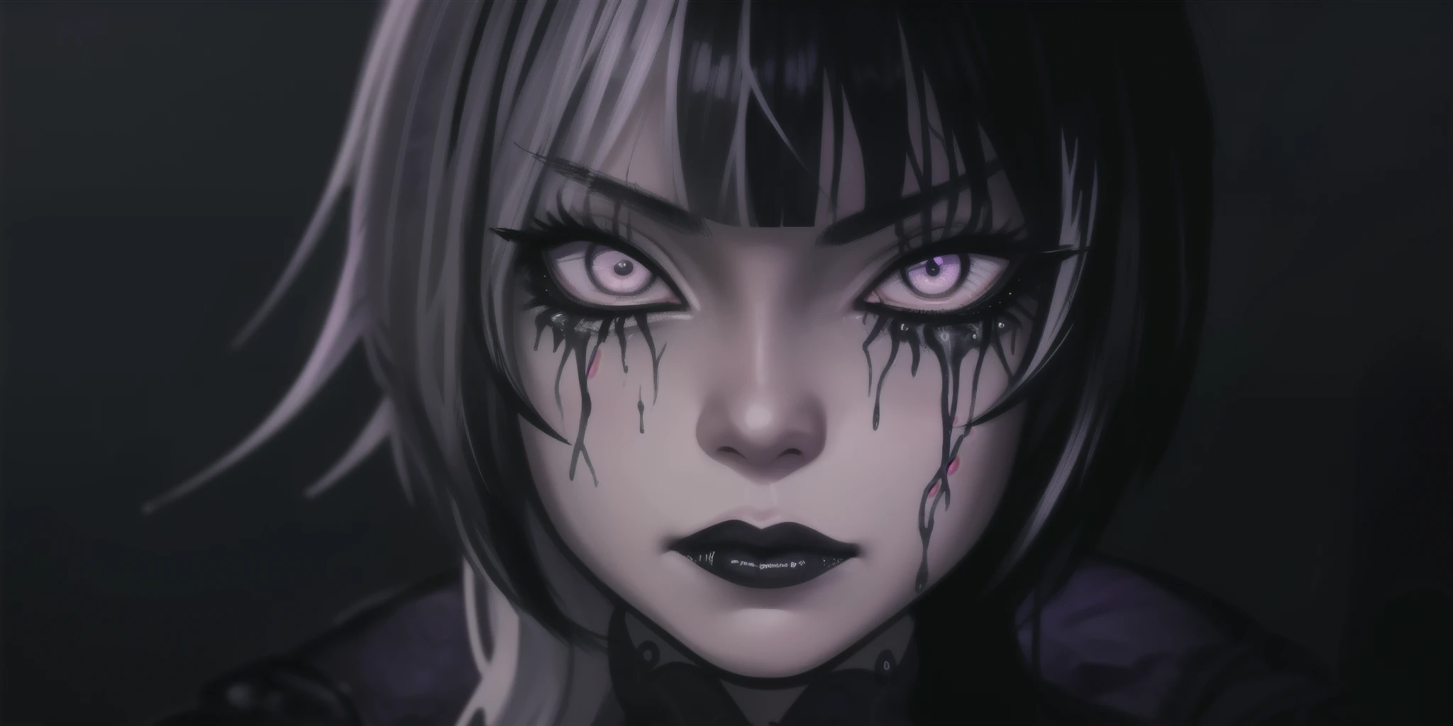 Create a close-up of ShioriNovella's eyes, with the mascara running from her eyes like black tears. Shiori's eyes are glaring, with a demonic appearance. I want the background of the design to have black ink stains giving a gothic look to the image.