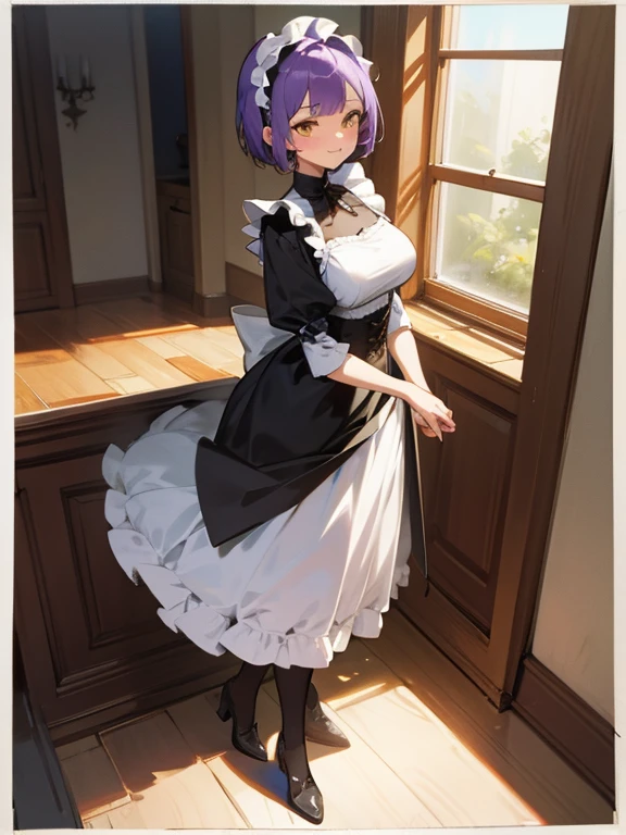 full body, 1 girl, purple hair, short hair, yellow eyes, medium breasts, living room, modern villa, detailed background, highres, highly detailed face, Detailed eyes, shy expression, blush, good proportions, looking forward, happy smile, homey, girlfriend, gothic maid outfit, black and white outfit, standing upright, prim and proper, 
