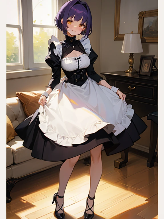 full body, 1 girl, purple hair, short hair, yellow eyes, medium breasts, living room, modern villa, detailed background, highres, highly detailed face, Detailed eyes, shy expression, blush, good proportions, looking forward, happy smile, homey, girlfriend, gothic maid outfit, black and white outfit, standing upright, prim and proper, 