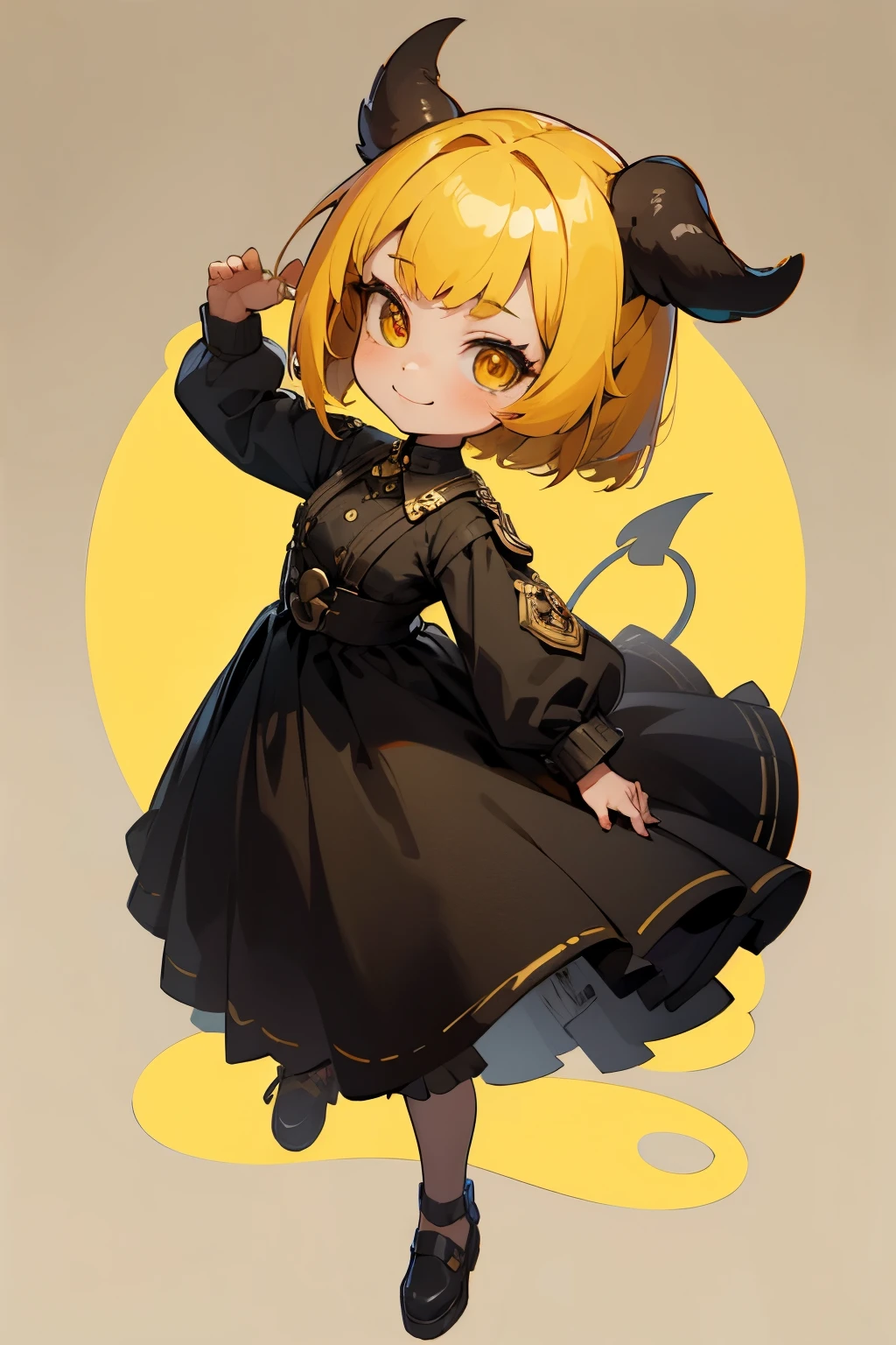 girl, full body, cartoon style, chibi style, cute, smile, dog tail, dog ear, Demon horns from the forehead, devil, beautiful face, yellow color eye, beautiful eye, high detailed pupil, double eyeylid, high detailed skin, high quality skin, yellow color hair, bob cut hair, black clothes, masterpiece, background white,