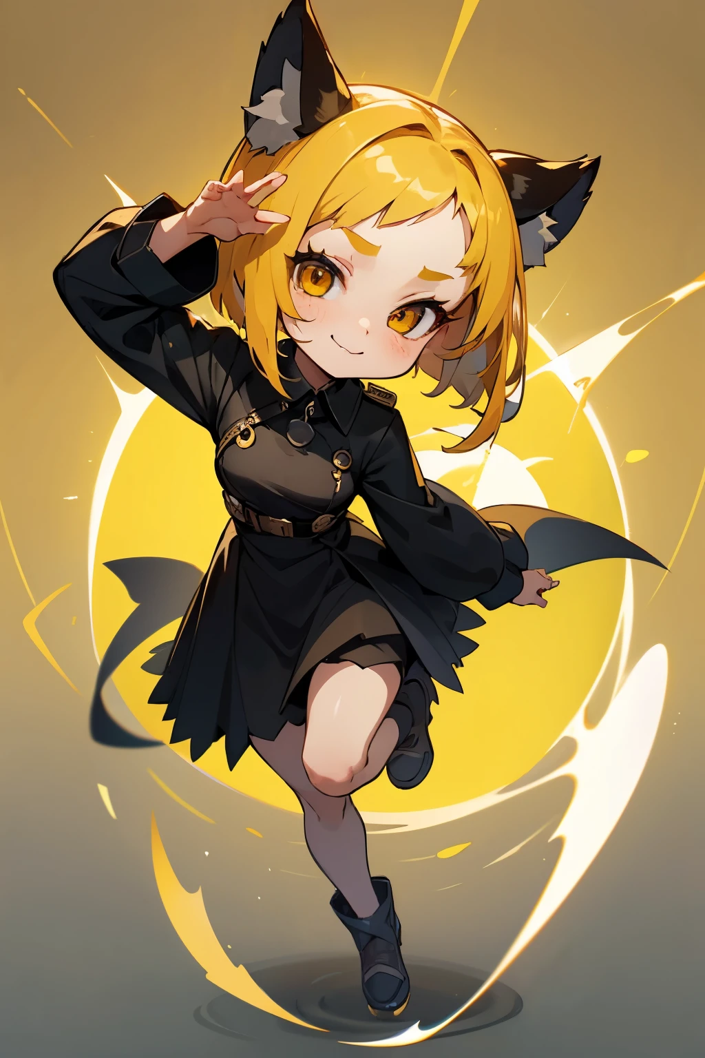 girl, full body, cartoon style, chibi style, cute, smile, dog tail, dog ear, Demon horns from the forehead, devil, beautiful face, yellow color eye, beautiful eye, high detailed pupil, double eyeylid, high detailed skin, high quality skin, yellow color hair, bob cut hair, black clothes, masterpiece, background white,