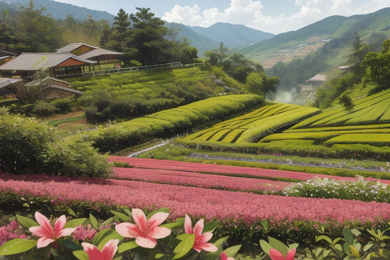 best quality，actual，real life，photography，masterpiece，best quality，There are several azalea trees in the tea field，Terraces