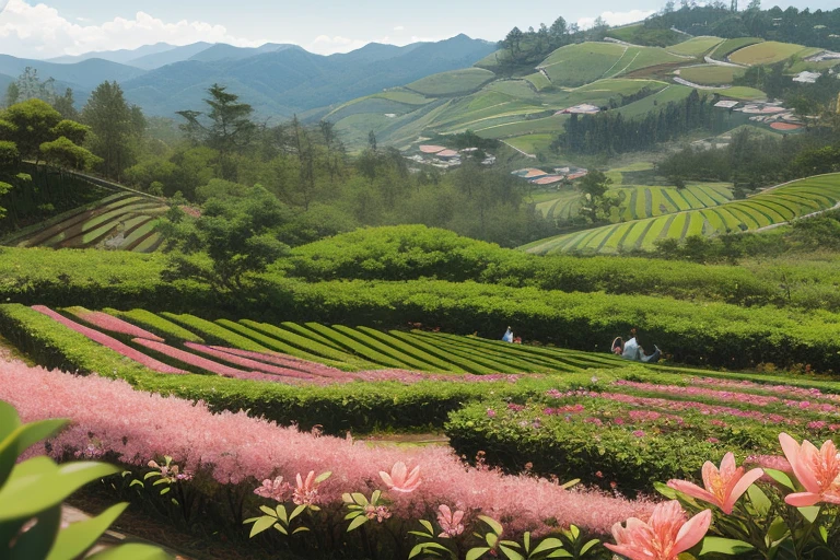 best quality，actual，real life，photography，masterpiece，best quality，There are several azalea trees in the tea field，Terraces