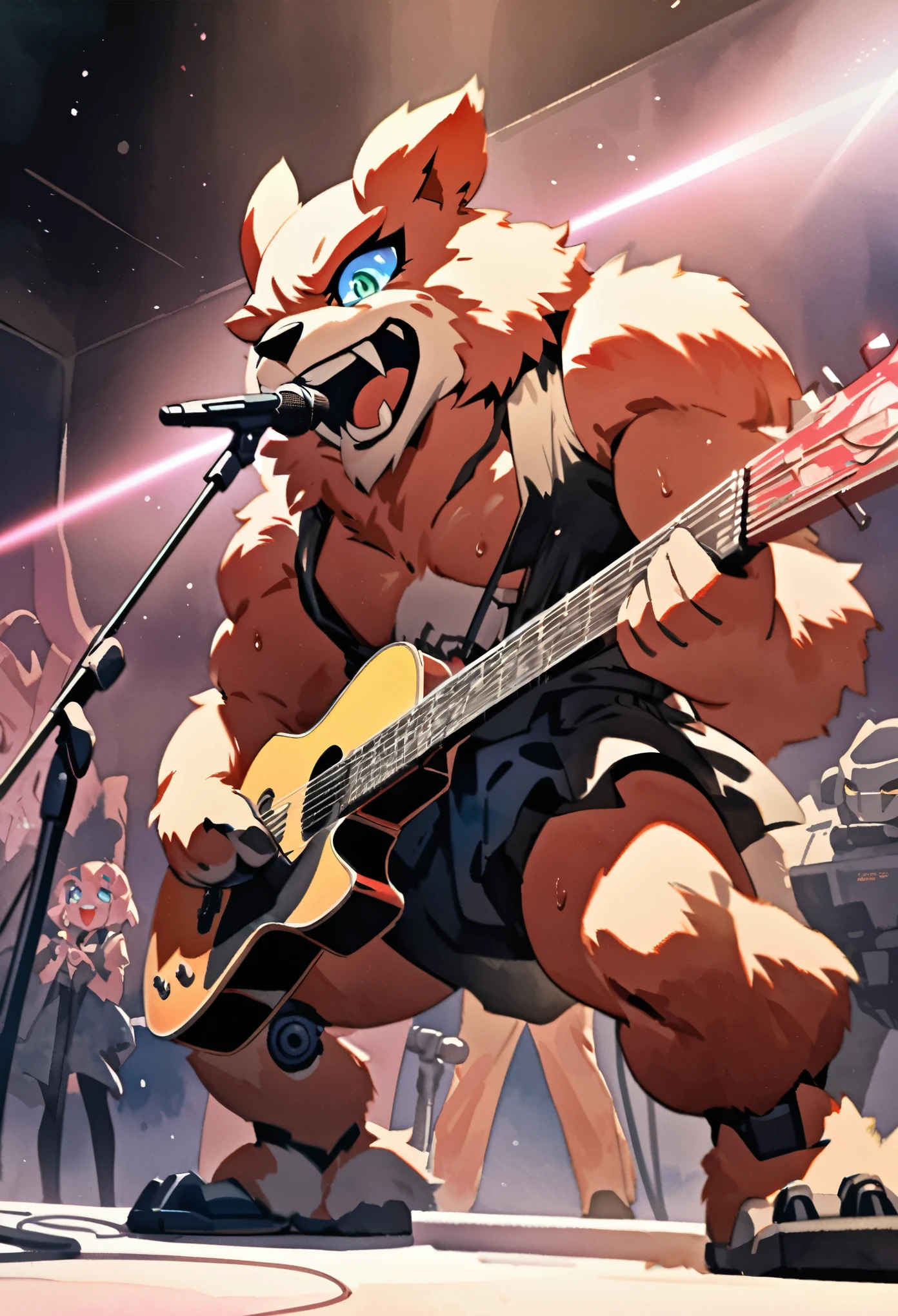 Top quality, picture book cover, movie poster, watercolor, fancy, four-headed, pale color (live house, laser beam, dazzling lighting, mechanized instrument, concert) (very detailed beautiful face and eyes) perfect anatomy (beastman) (beastman, playing a musical instrument, singing with a microphone, live performance, splashing sweat, standing on stage) (furry antro: 1. 2) (features of the animal's face on a furry body) (the muzzle of the animal is very detailed fur) full body, smile with an open mouth (dynamic pose),