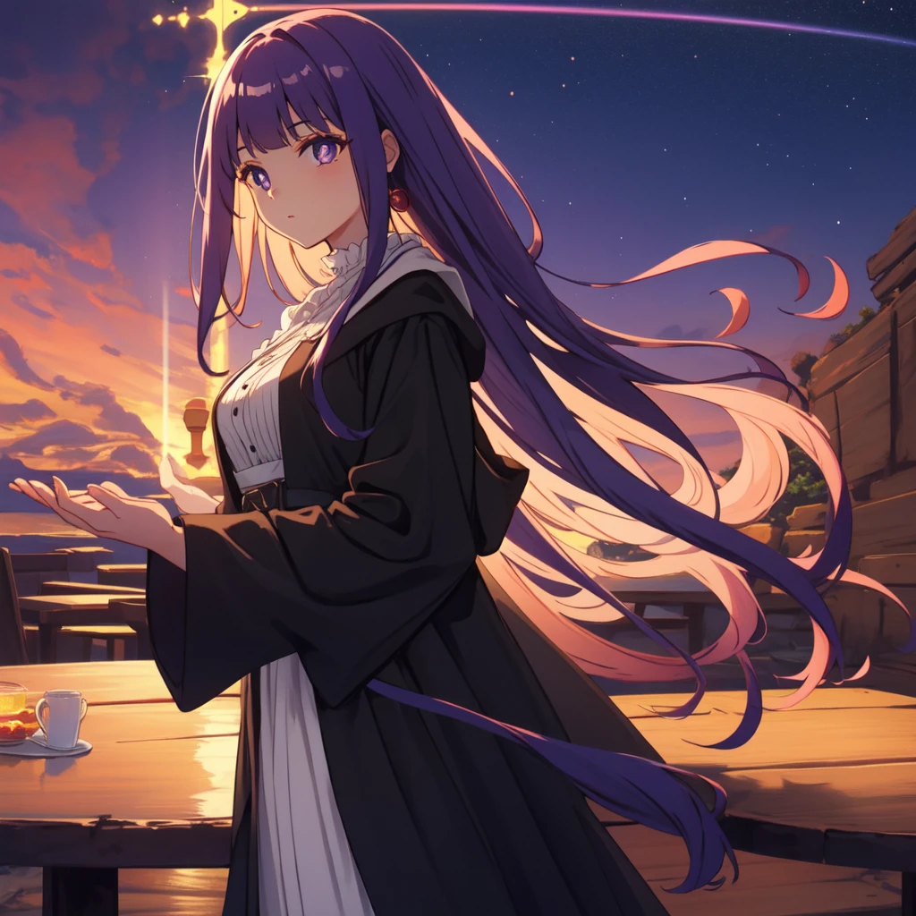 full body, dynamic pose, 1 girl,alone,purple hair,long hair,purple eyes,dull bangs,side lock,half up hair,bright pupils, hair ornaments,Ruffled collar,black robe,white dress,center ruffle,button,wide sleeve,long sleeve,crooked,cowboy shot, looking at the viewer, and highest quality,((highest quality)),((table top)),((perfect face)),get used to it5two-fingered hand,1 girl,(background blur), ((holographic)),1 girl,milky way, (stripes of light), impressive visuals, (dynamic streak, path of light:1.2), bright colors